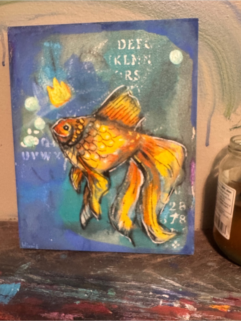 Original Mixed Media Fancy Goldfish Painting 8x10 Wood Canvas Art - Picture 6 of 6